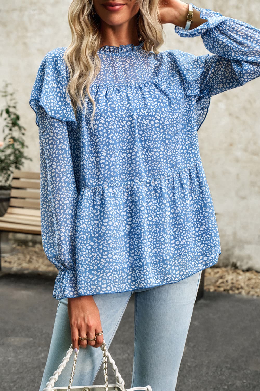 printed round neck flounce sleeve blouse