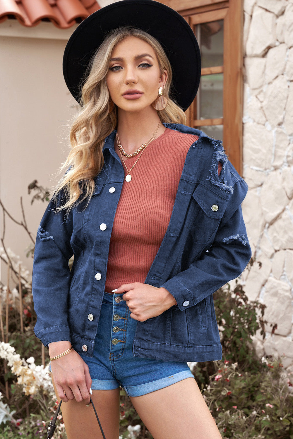 distressed button-up denim jacket with pockets