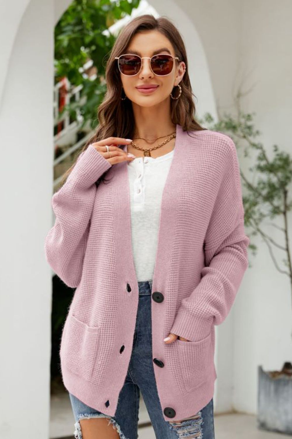 waffle-knit dropped shoulder cardigan