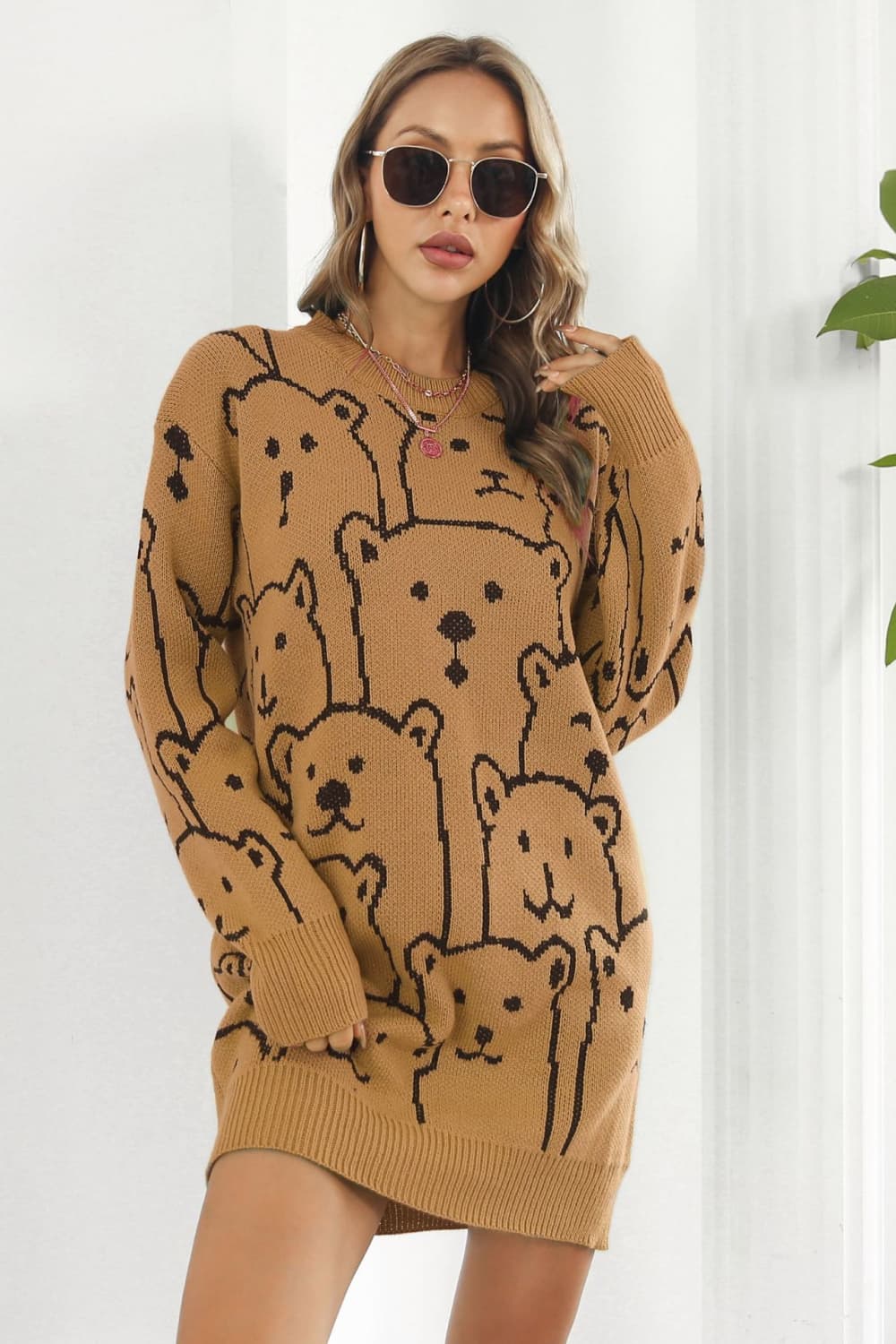 bear pattern round neck sweater dress