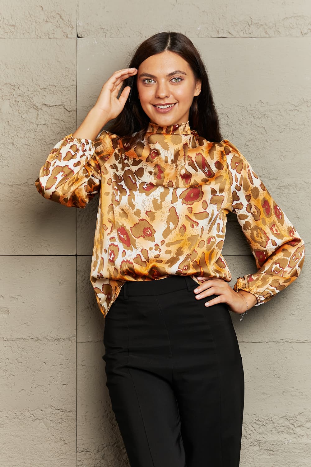 printed mock neck long sleeve blouse