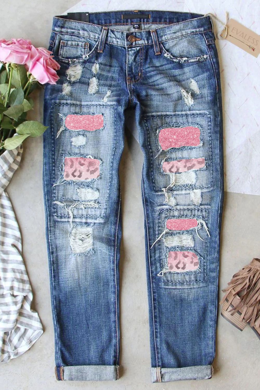 leopard patch distressed straight leg jeans