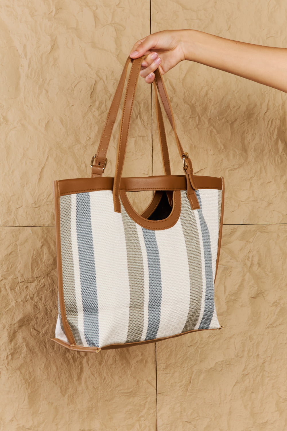 fame striped in the sun faux leather trim tote bag