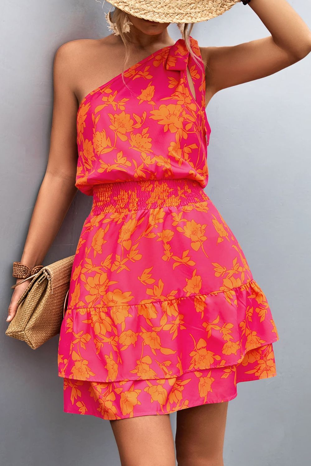 floral smocked waist tied one-shoulder dress