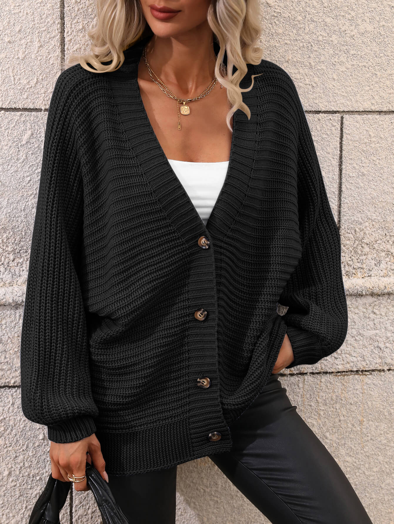 double take button down horizontal-ribbing longline cardigan