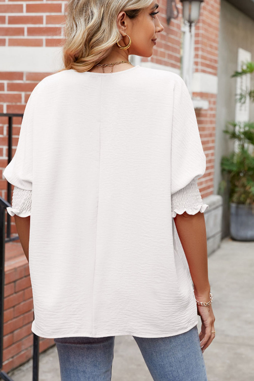 round neck smocked lantern sleeve blouse