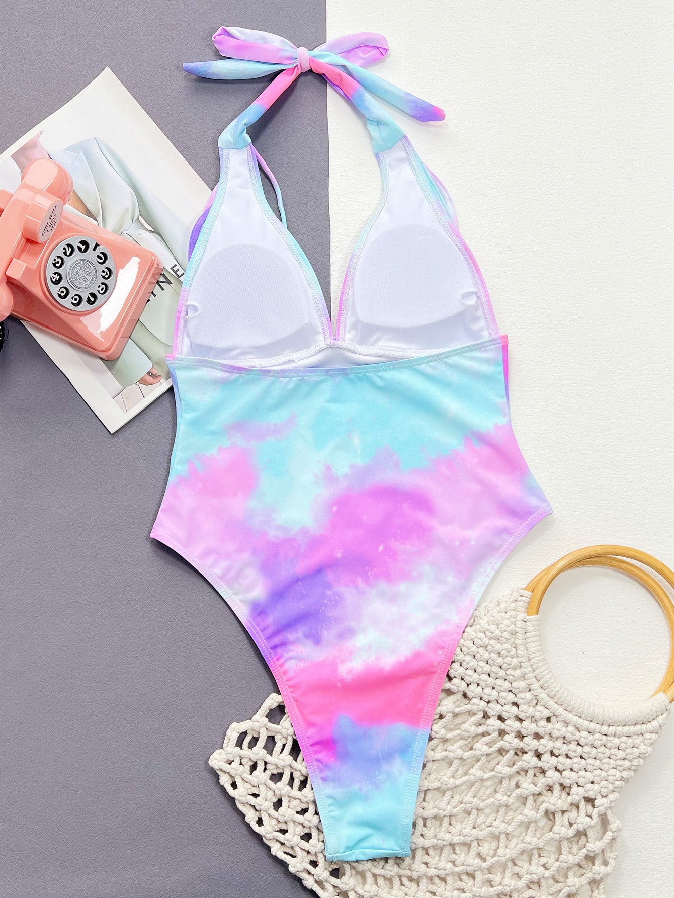 tie-dye halter neck one-piece swimsuit