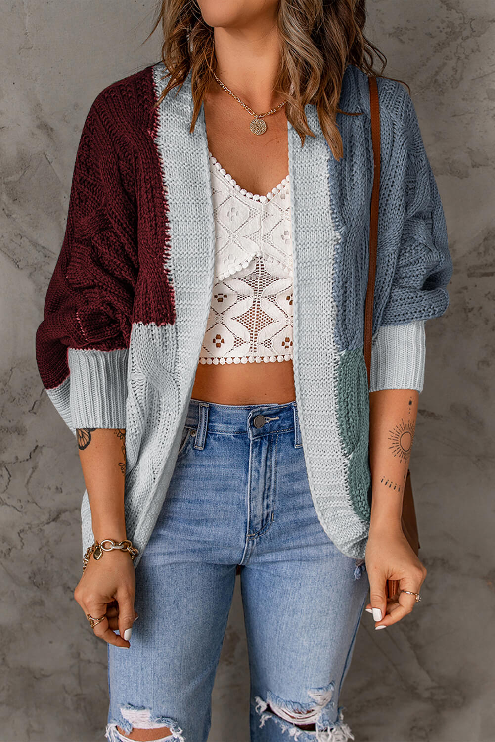 woven right color block cable-knit batwing sleeve cardigan