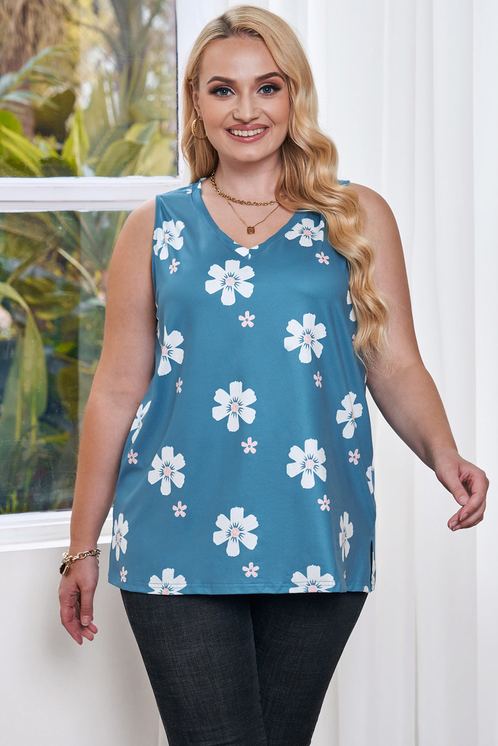 plus size printed v-neck tank