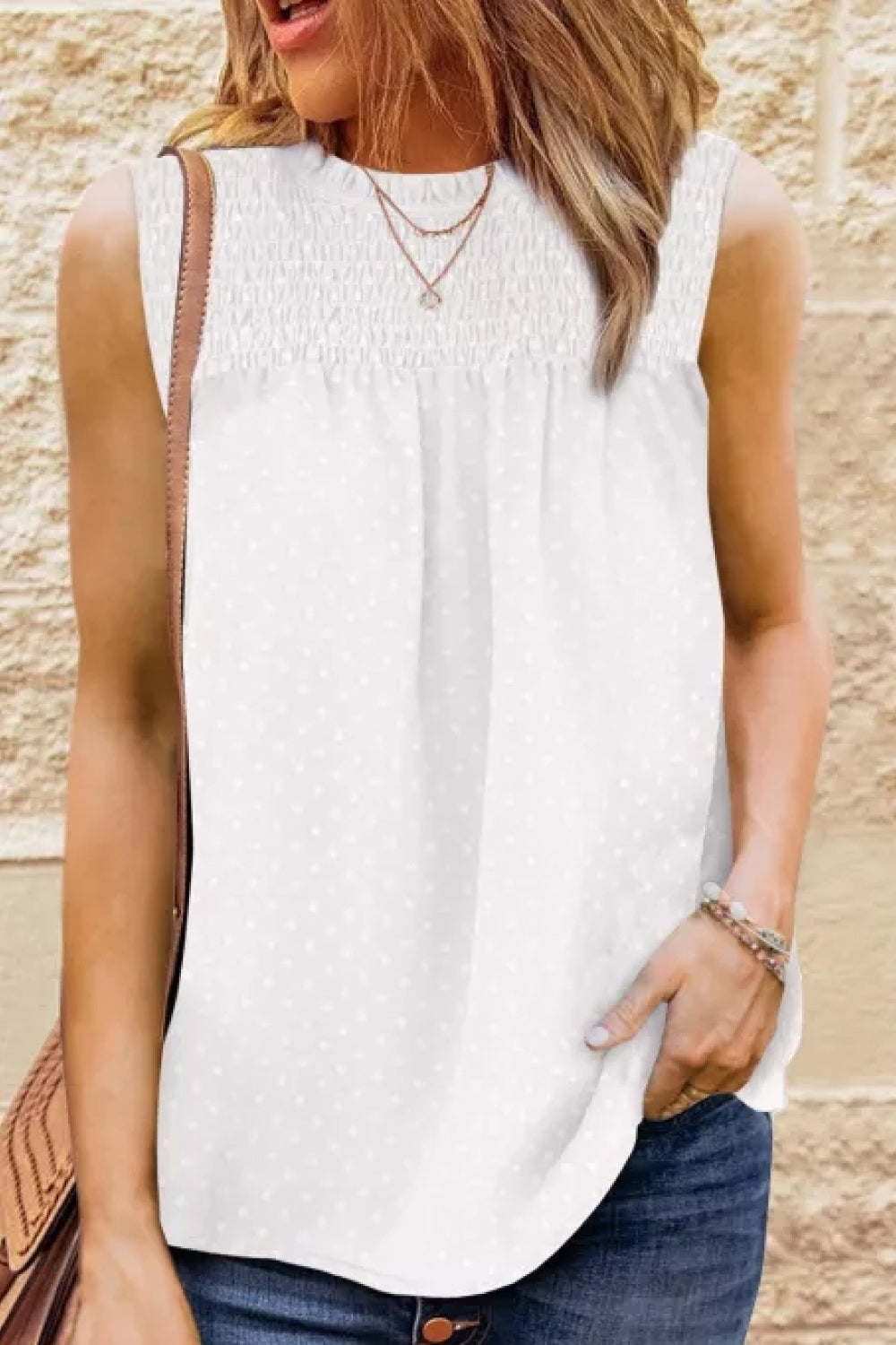 smocked tie back frill trim tank