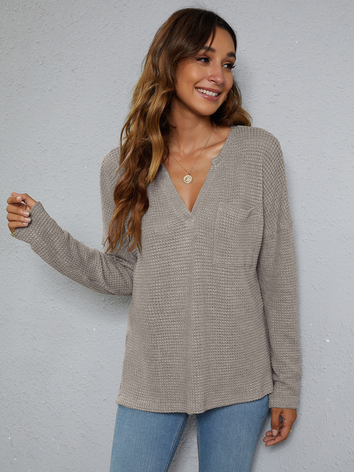 dropped shoulder high-low waffle-knit top