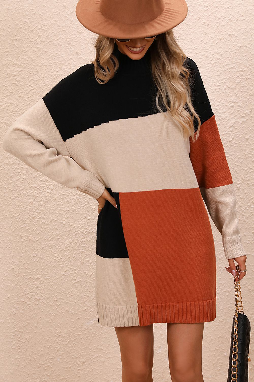 color block mock neck dropped shoulder sweater dress