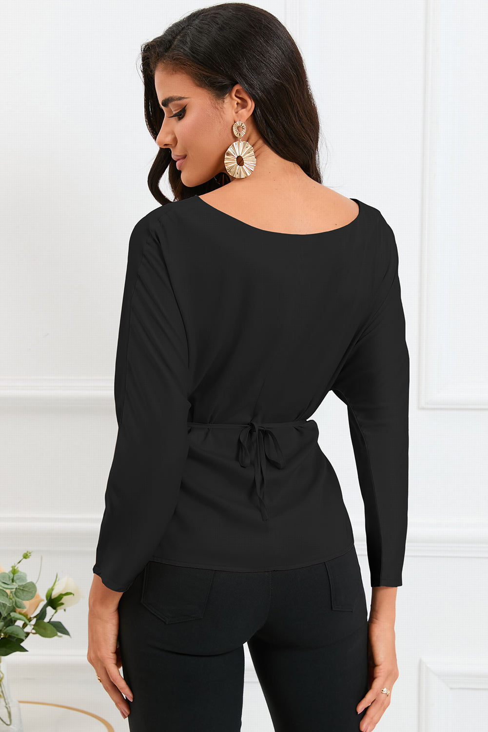 boat neck back tie long sleeve satin blouse