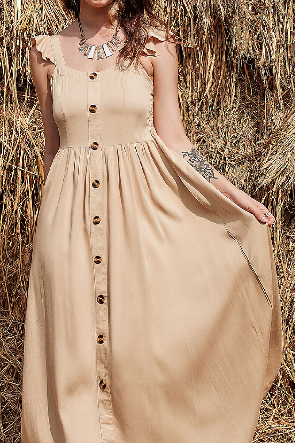 decorative button ruffle trim smocked maxi dress