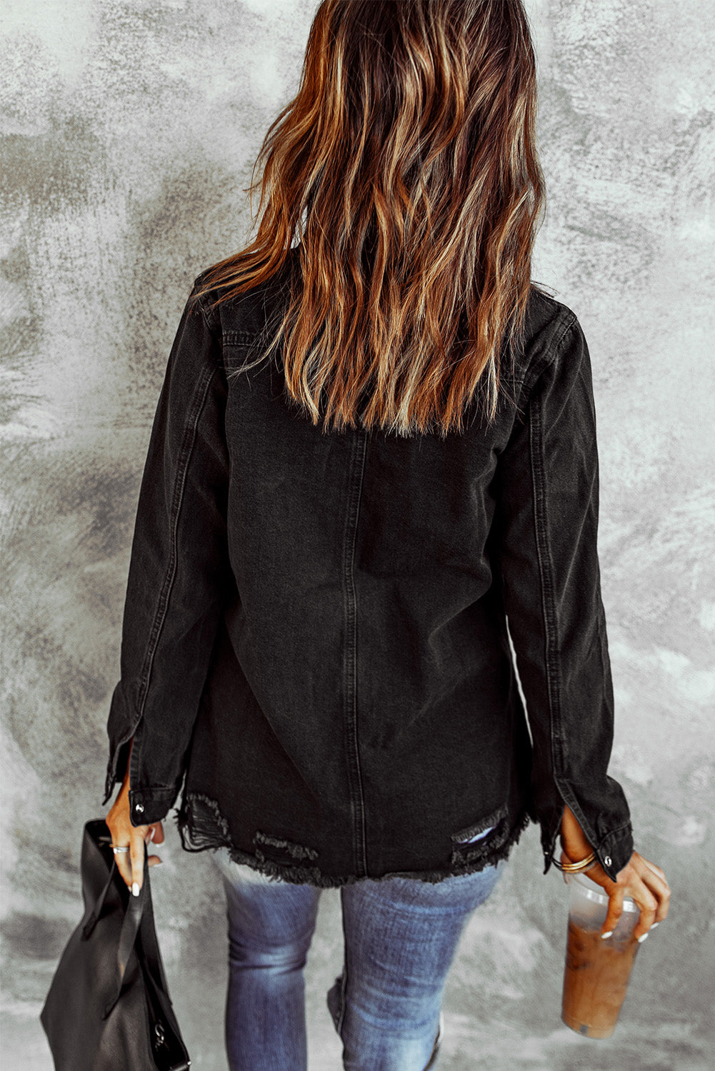 distressed snap down denim jacket