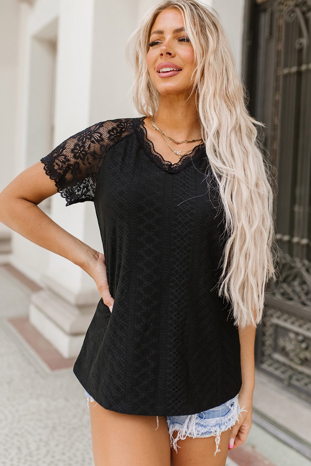 v-neck short sleeve lace trim blouse