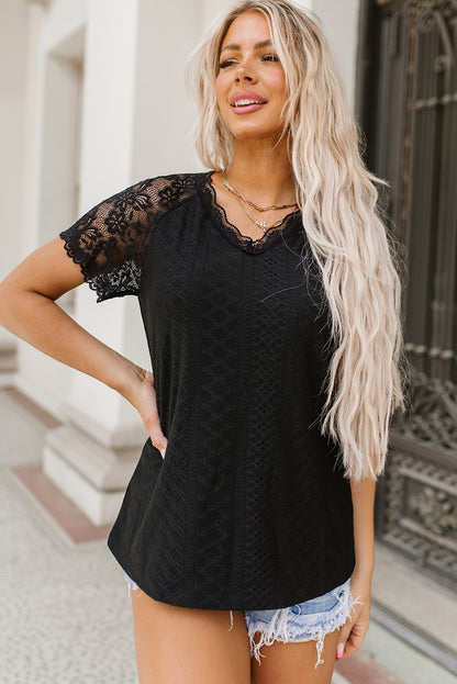 V-Neck Short Sleeve Lace Trim Blouse