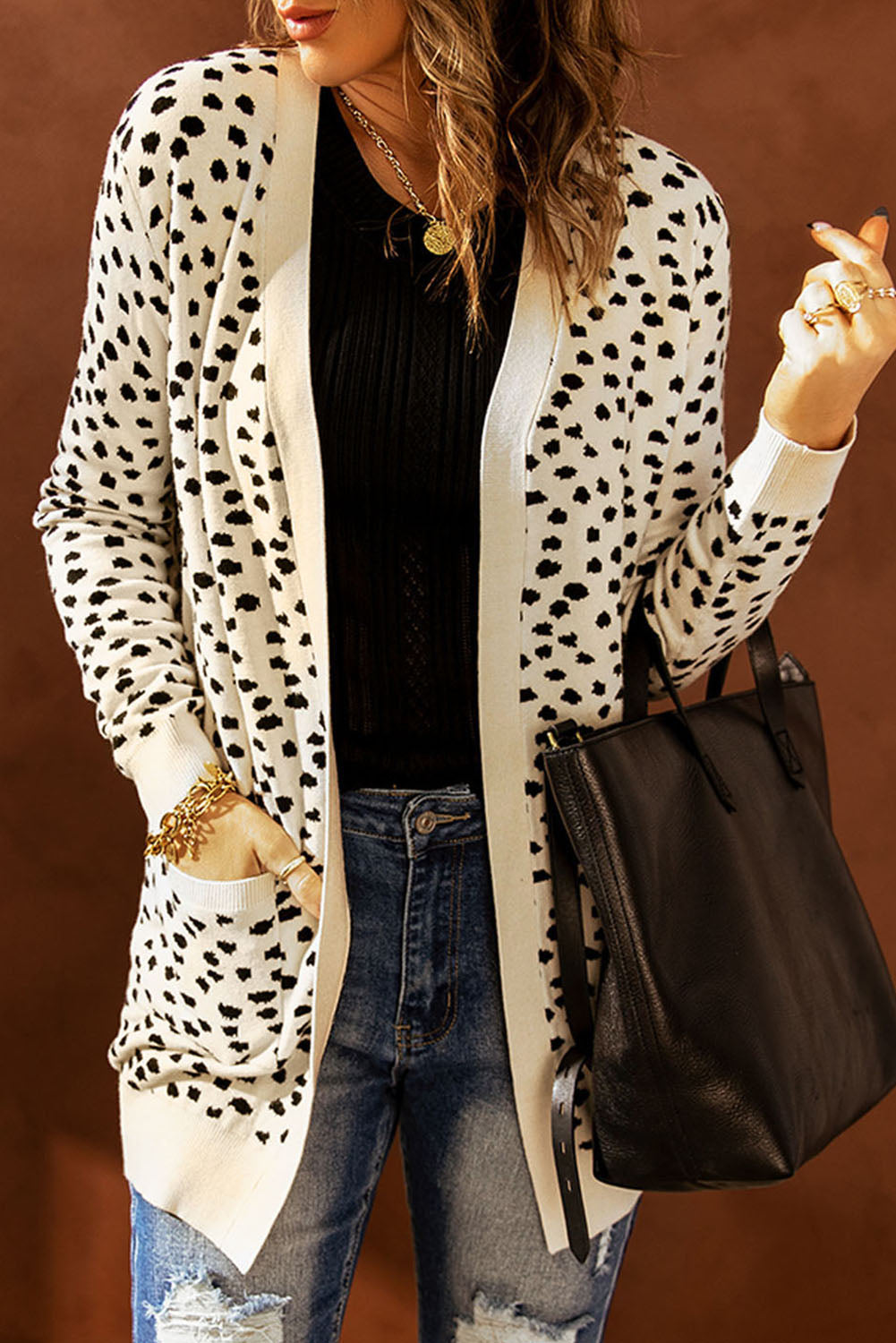 full size printed long sleeve cardigan with pocket