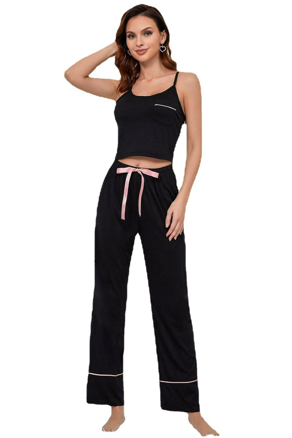 contrast trim cropped cami and pants loungewear set