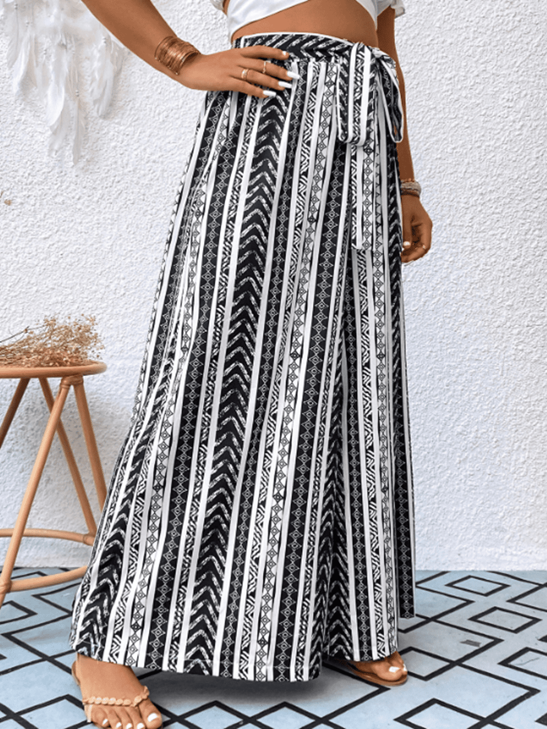 plus size striped tied wide leg pants