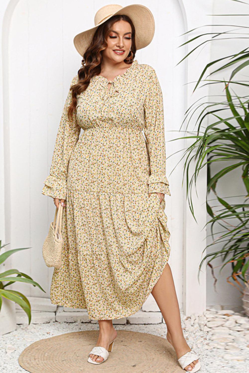 plus size tied frill trim flounce sleeve maxi dress