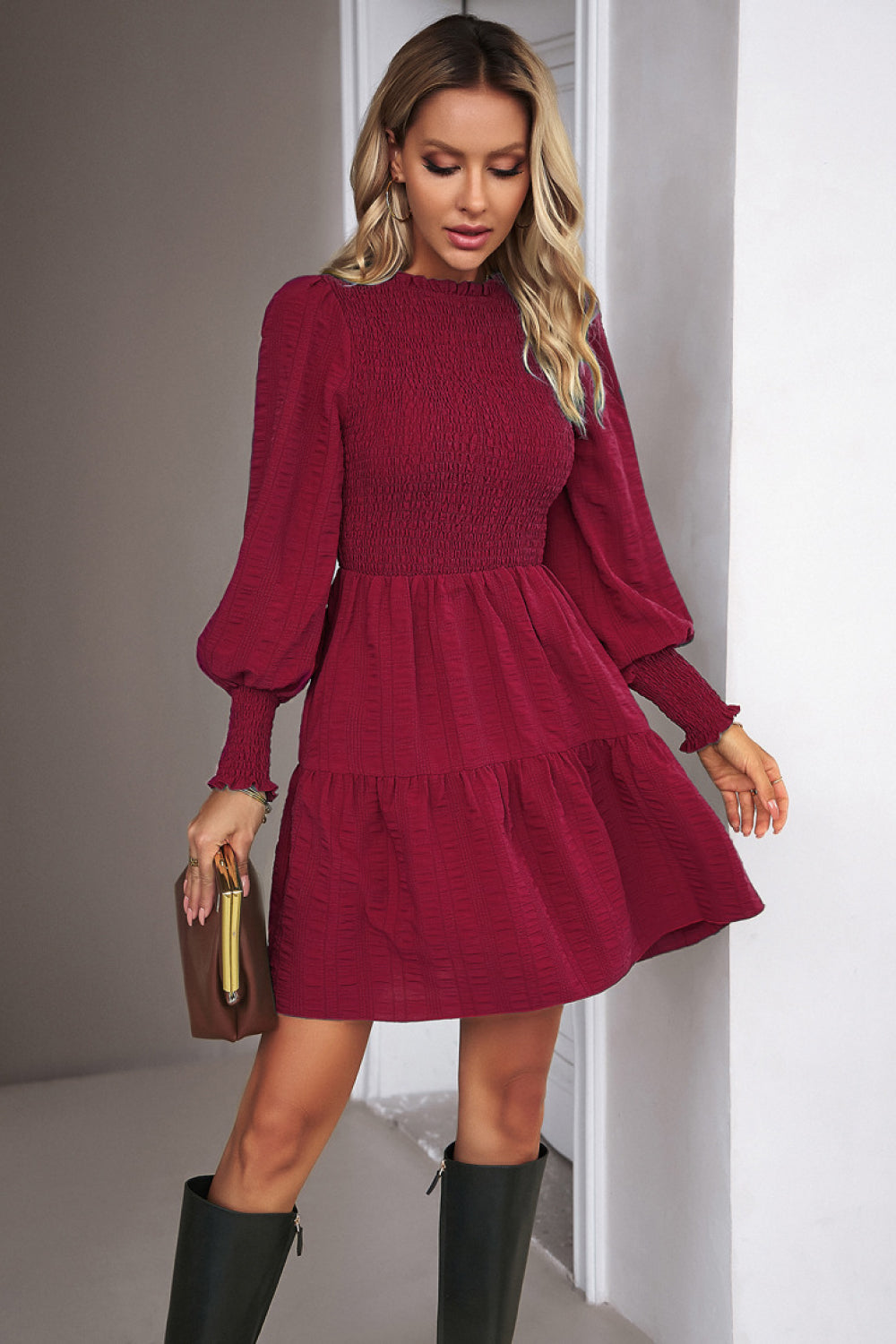 smocked lantern sleeve mini dress