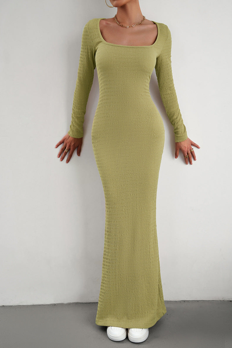 long sleeve square neck maxi bodycon dress