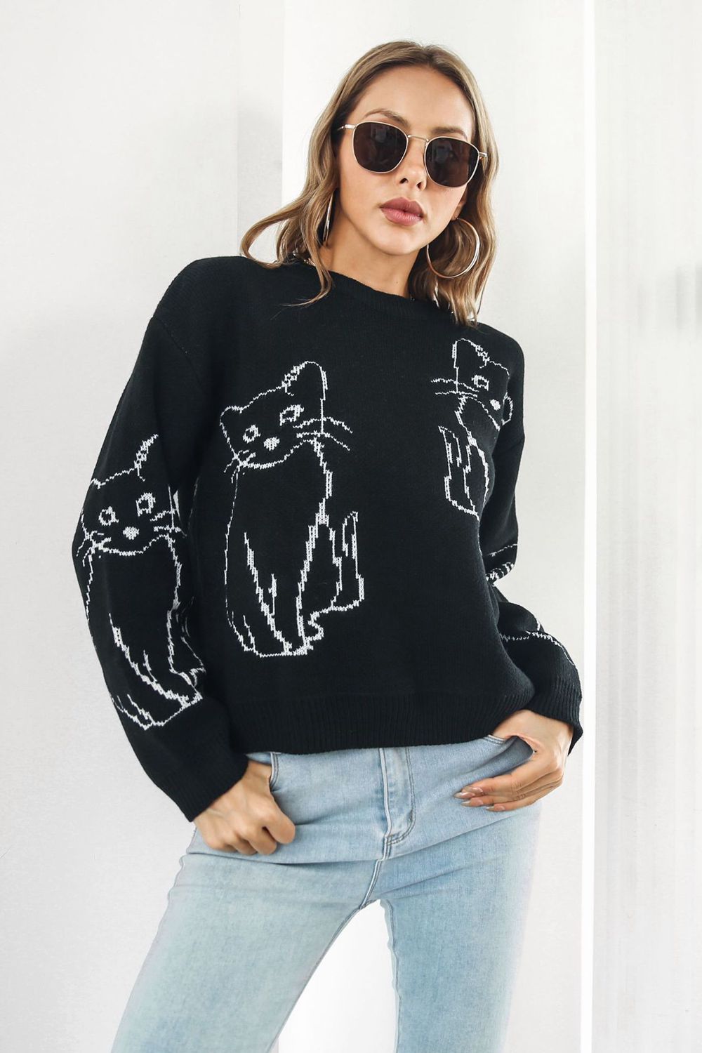 cat pattern round neck long sleeve pullover sweater