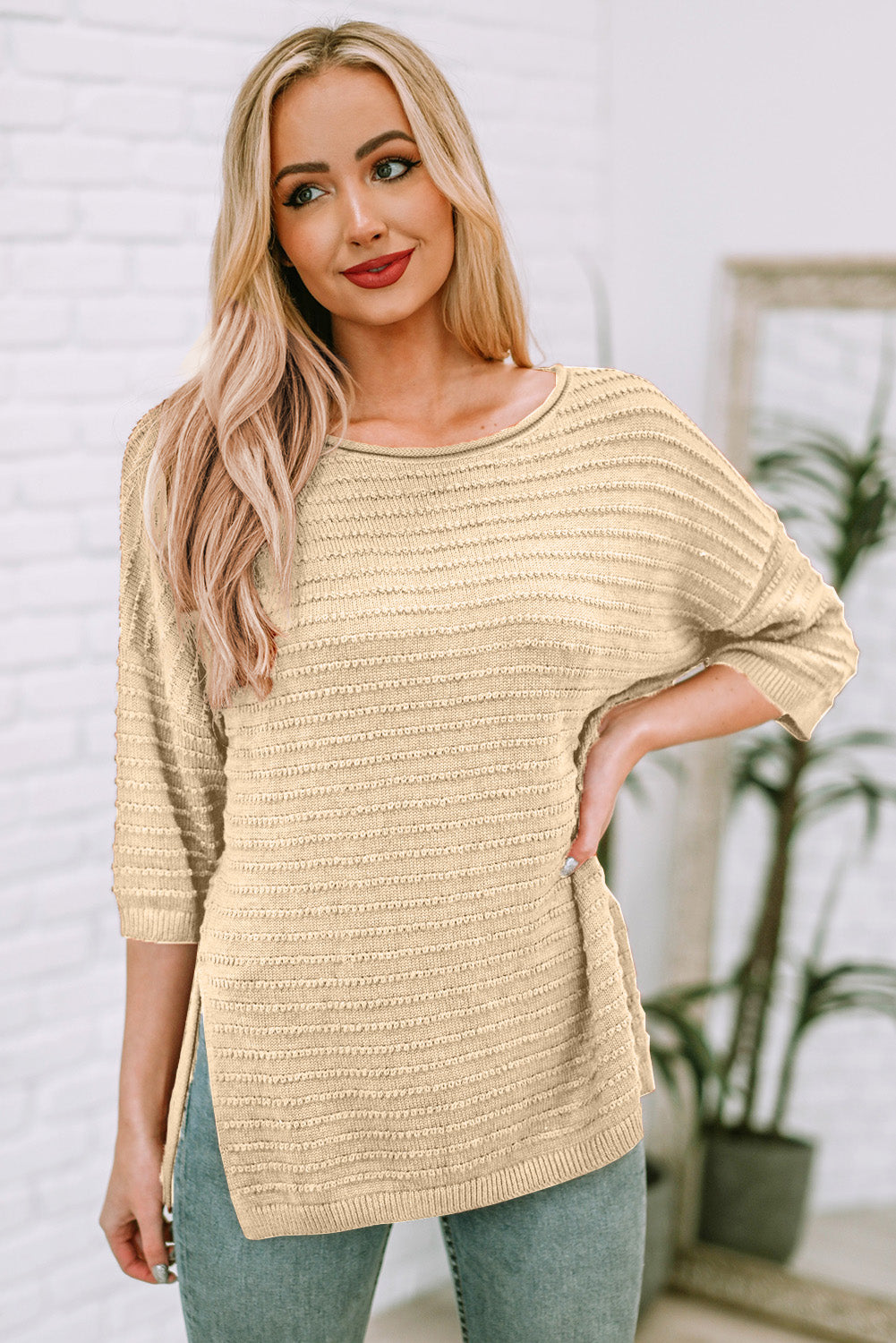 round neck dropped shoulder side slit pullover sweater