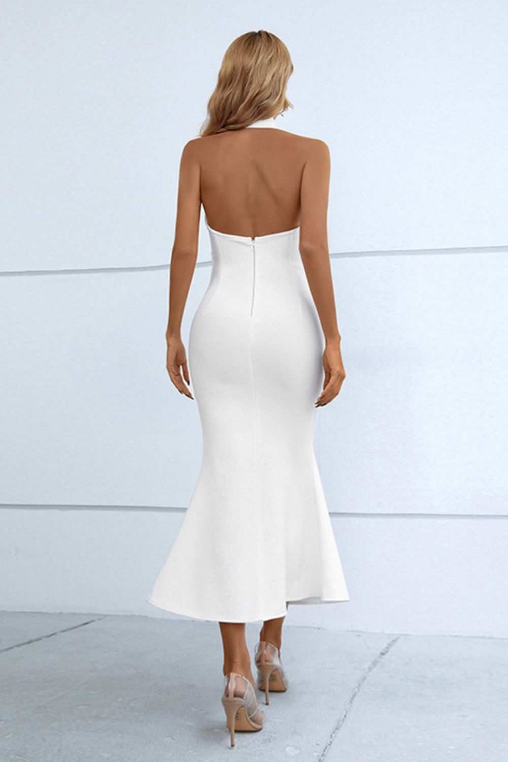 halter neck split fishtail bodycon dress