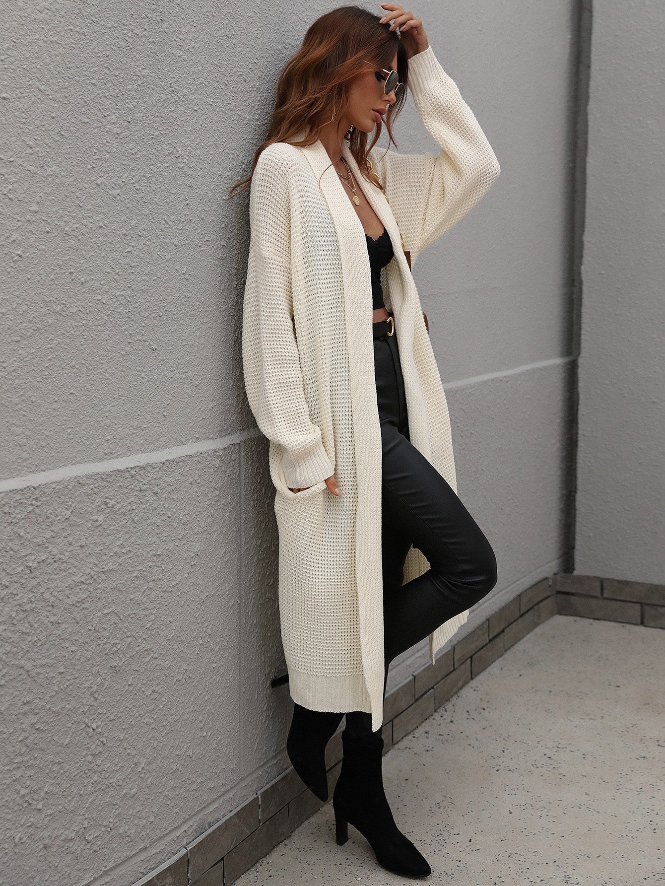 double take waffle knit open front duster cardigan with pockets