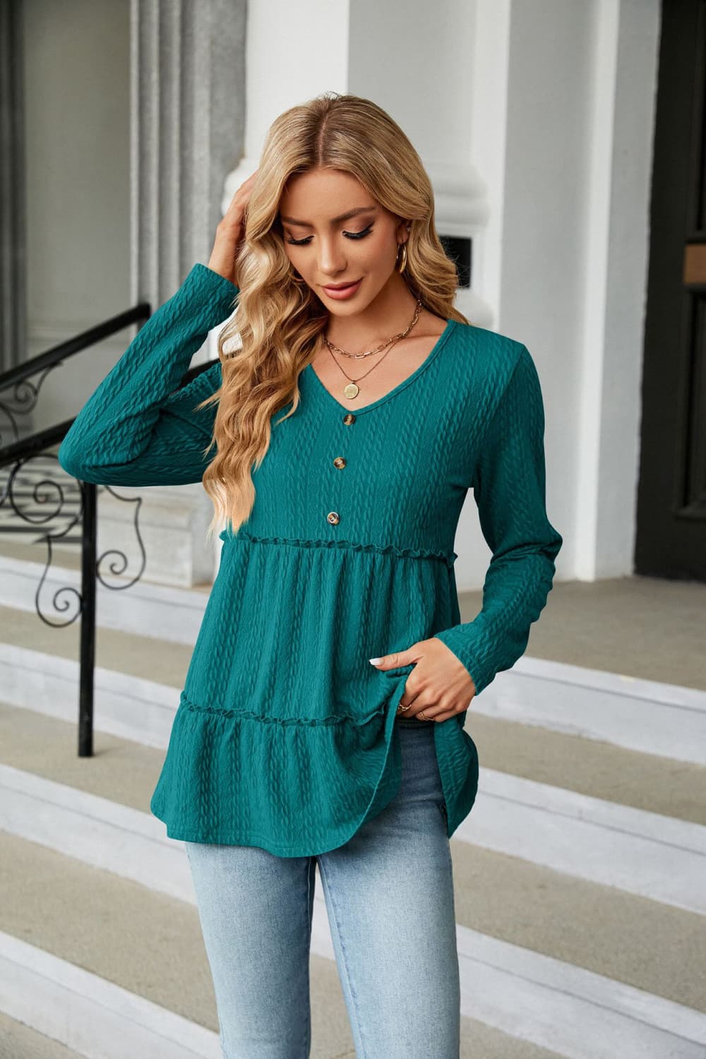 long sleeve v-neck cable-knit blouse