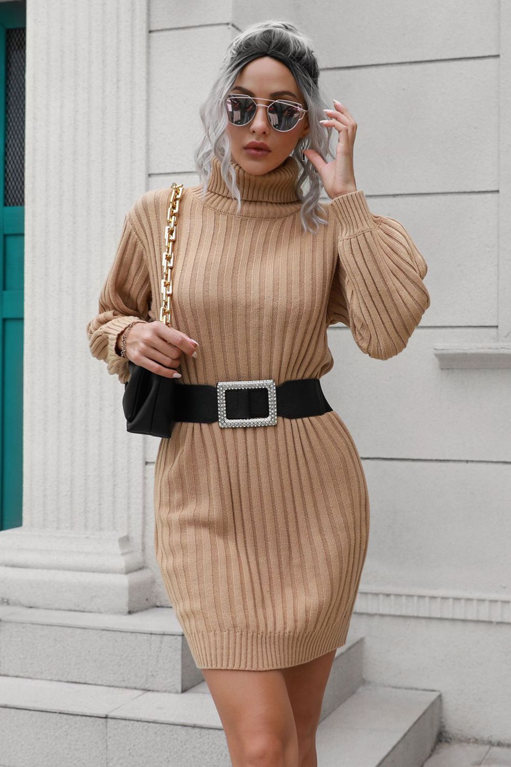 ribbed turtle neck long sleeve mini sweater dress