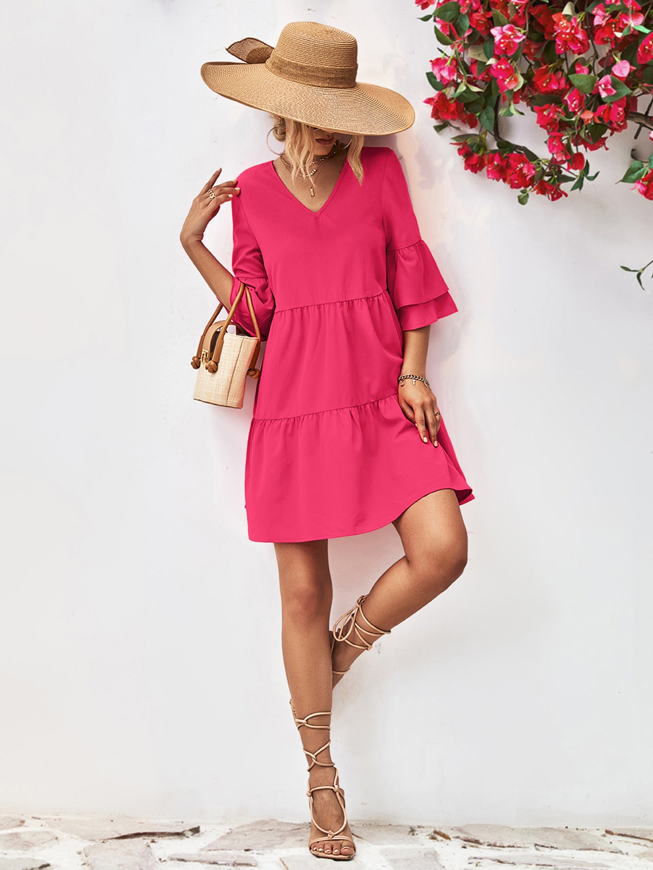 v-neck flare sleeve mini dress