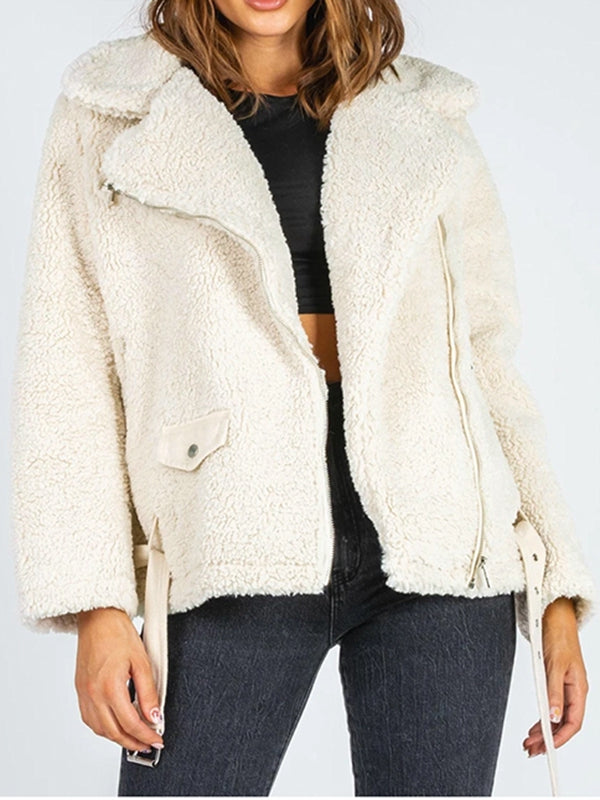 zip-up belted sherpa jacket