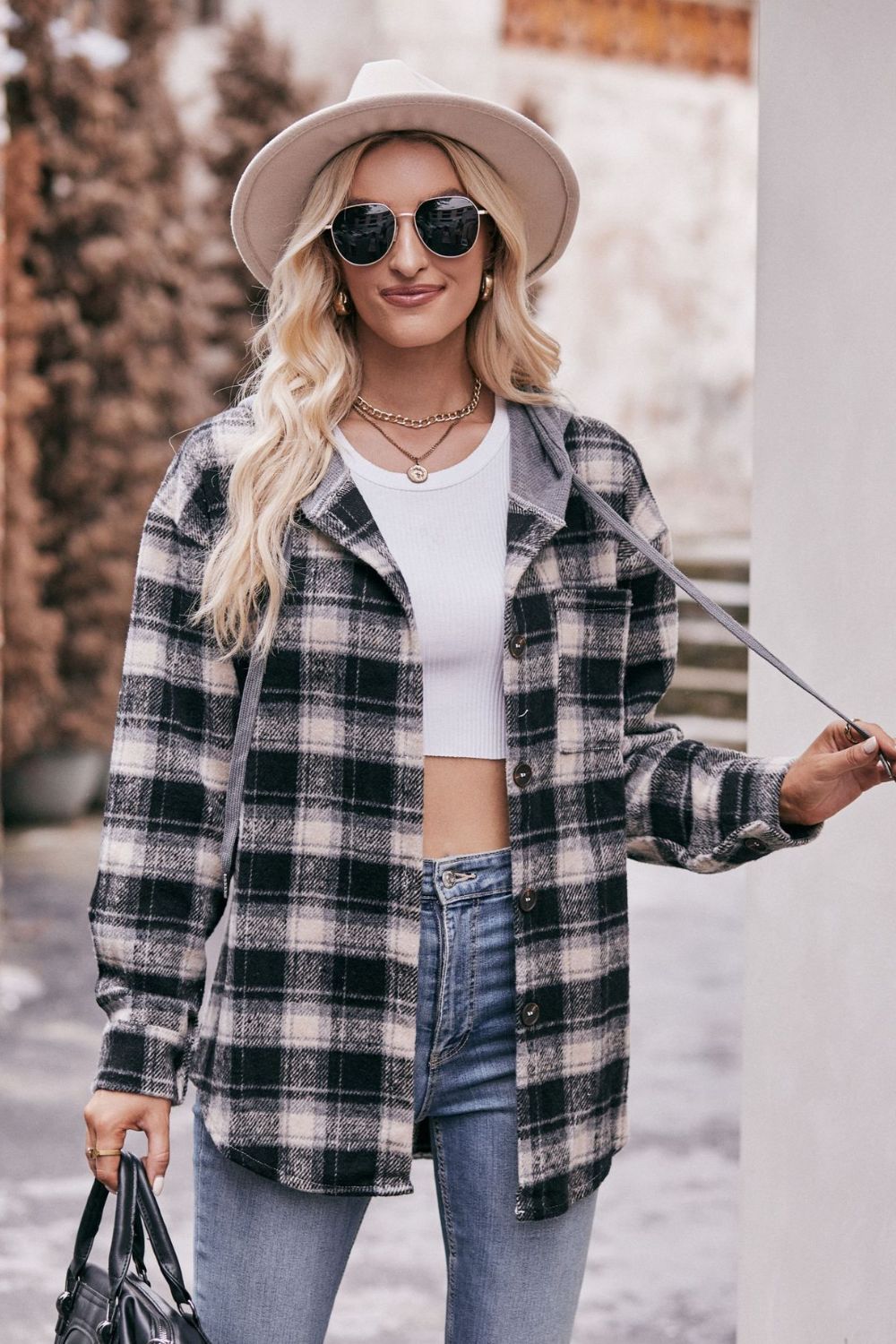 plaid dropped shoulder hooded longline jacket