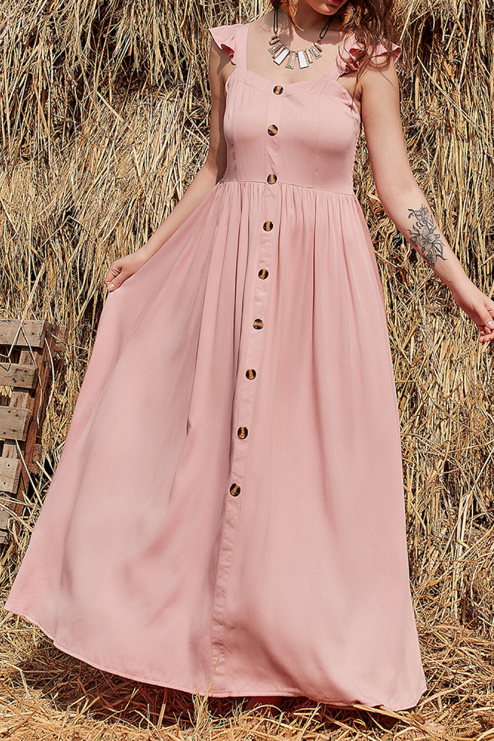 decorative button ruffle trim smocked maxi dress