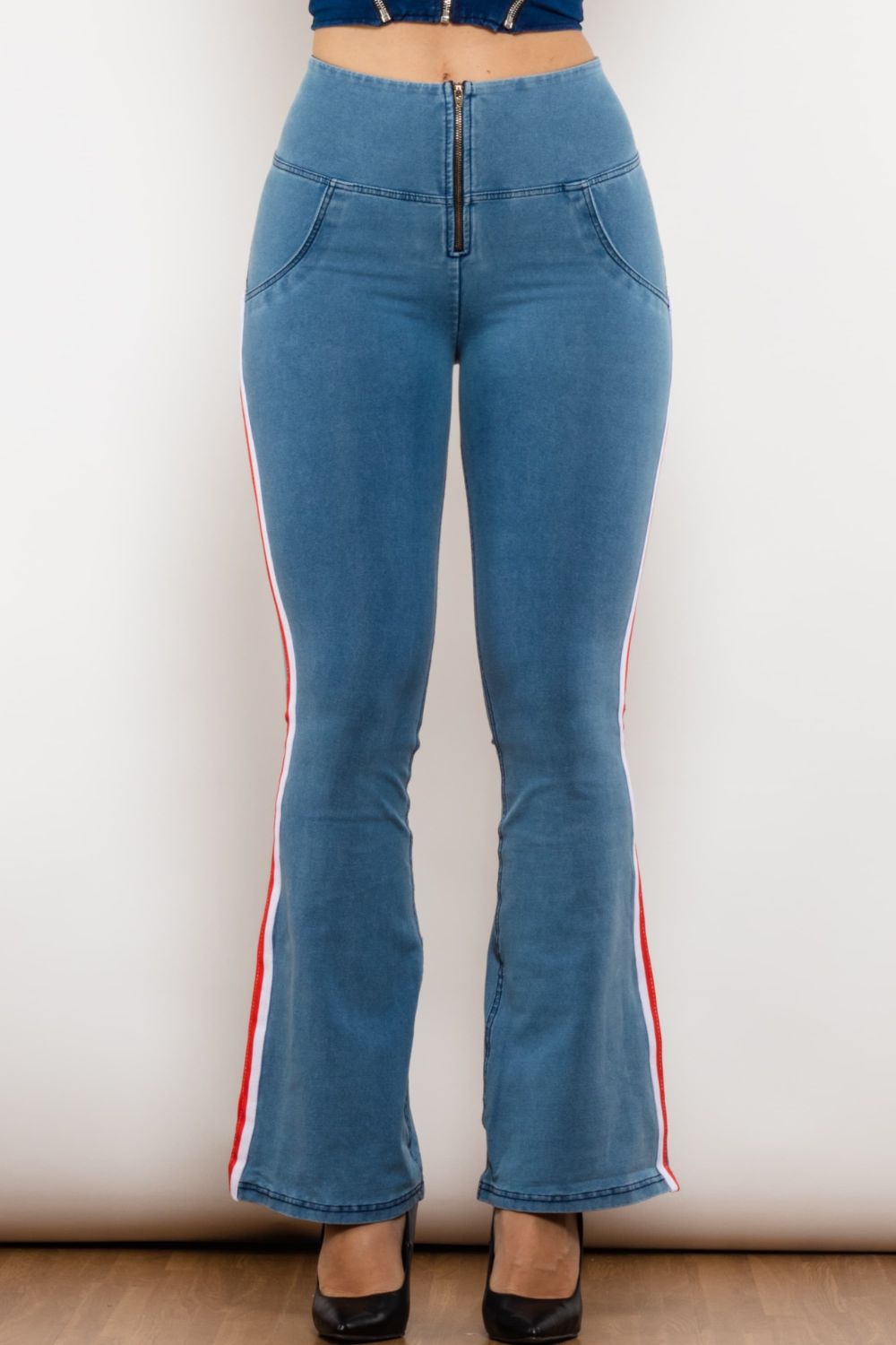 side stripe zip closure bootcut jeans