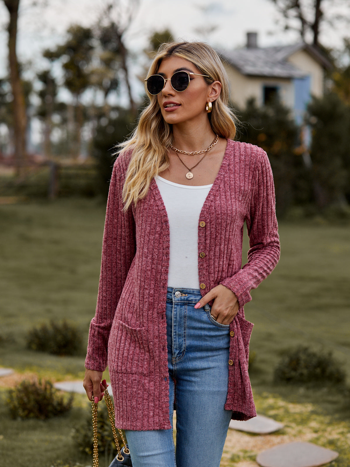 ribbed button-up cardigan with pockets