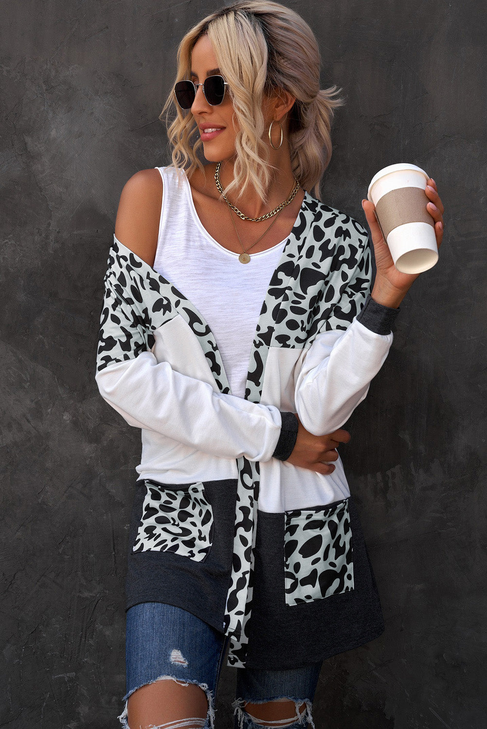 leopard print color block longline cardigan