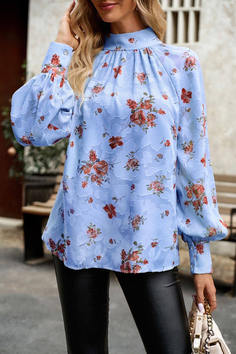 floral print mock neck lantern sleeve blouse