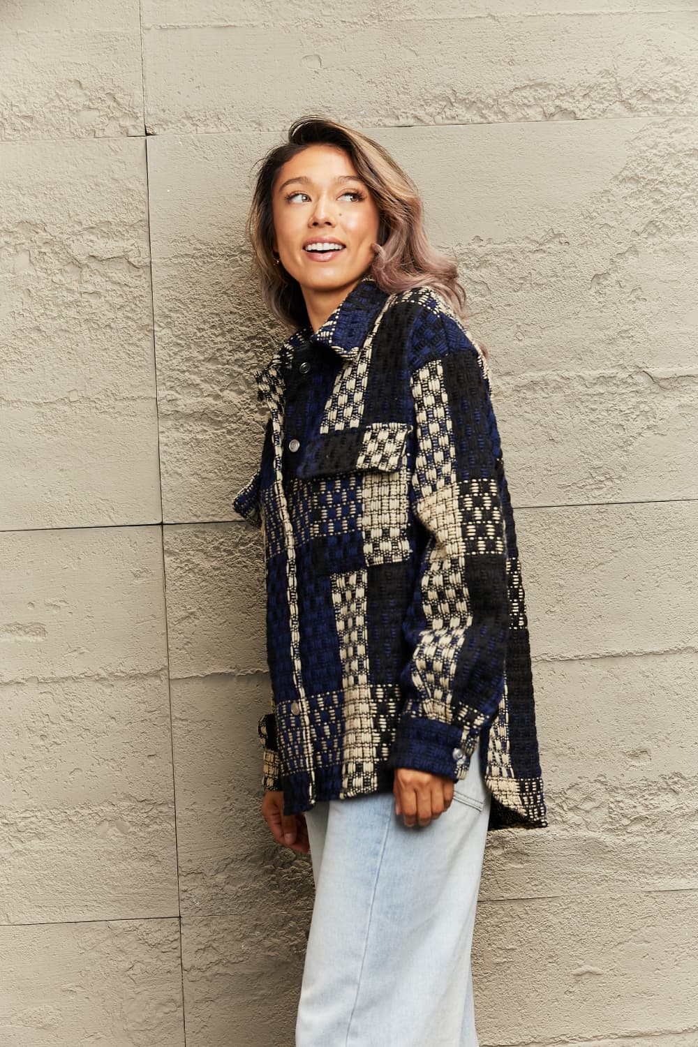 plaid collared neck drop shoulder jacket