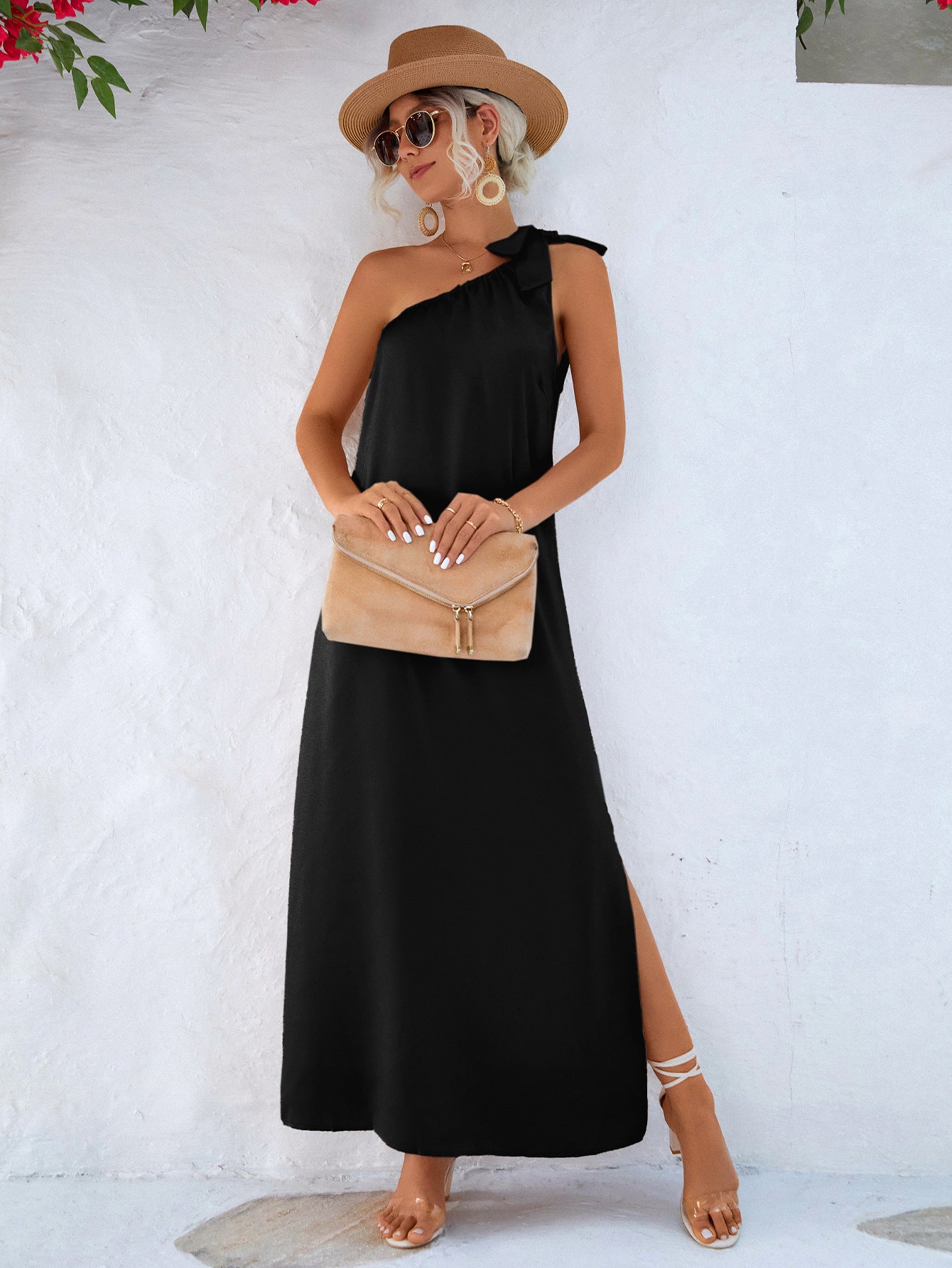 one-shoulder slit maxi dress