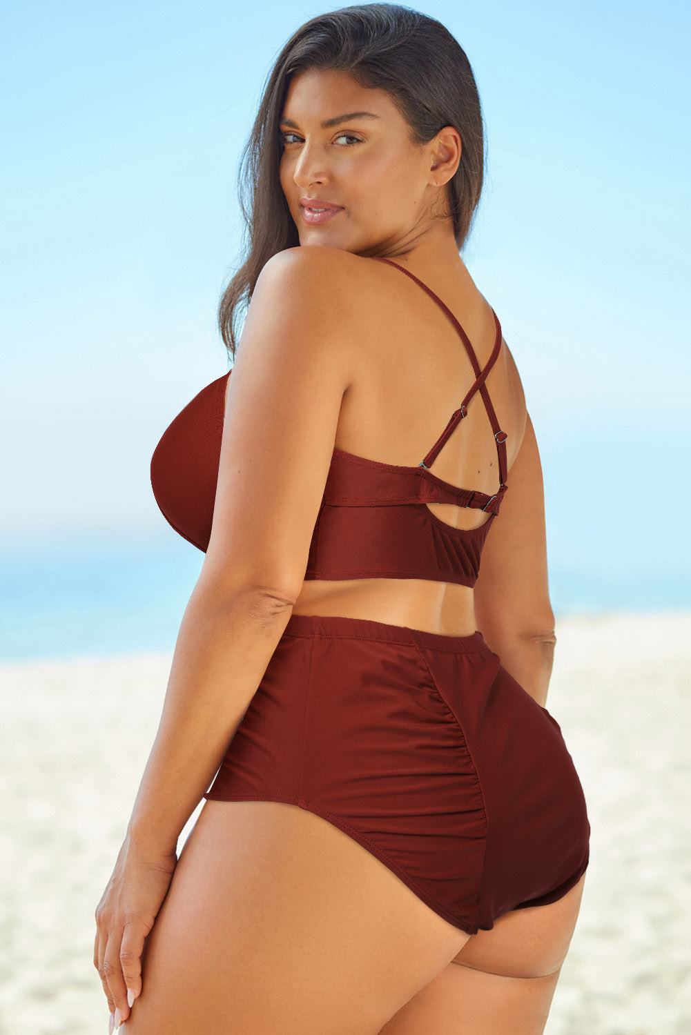 halter neck crisscross ruched two-piece swimsuit