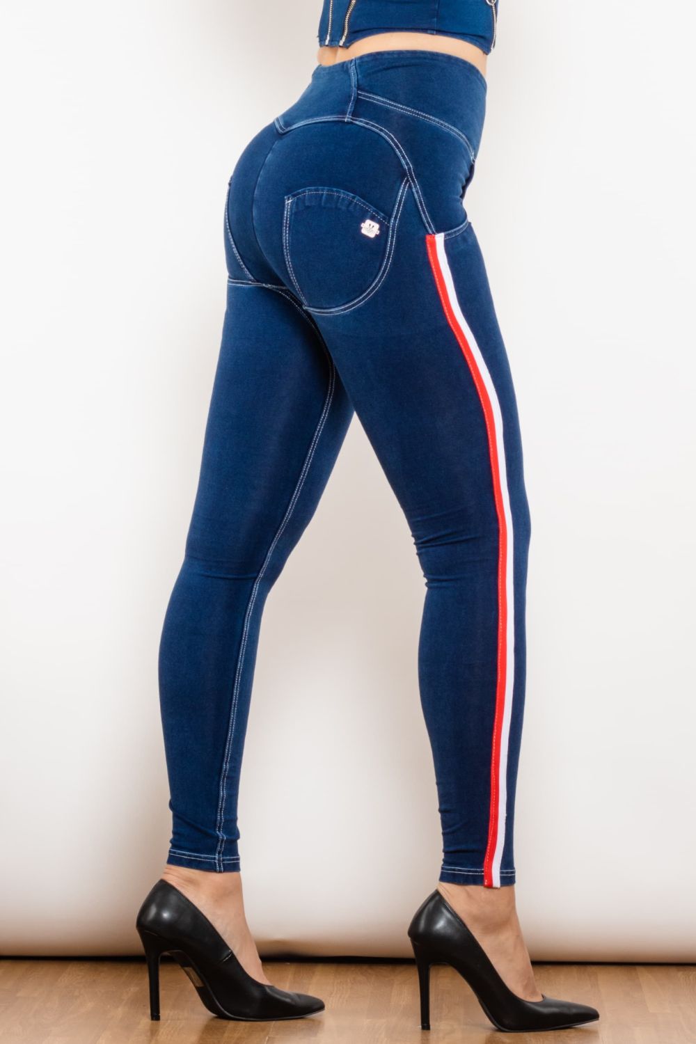 side stripe buttoned high waist skinny jeans