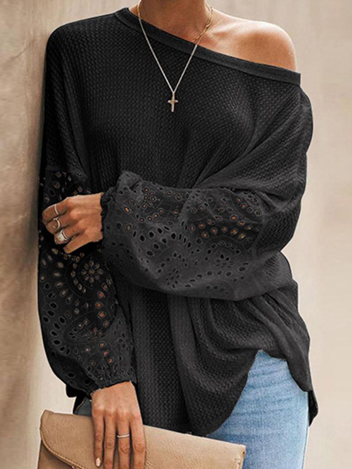 openwork dropped shoulder boat neck blouse