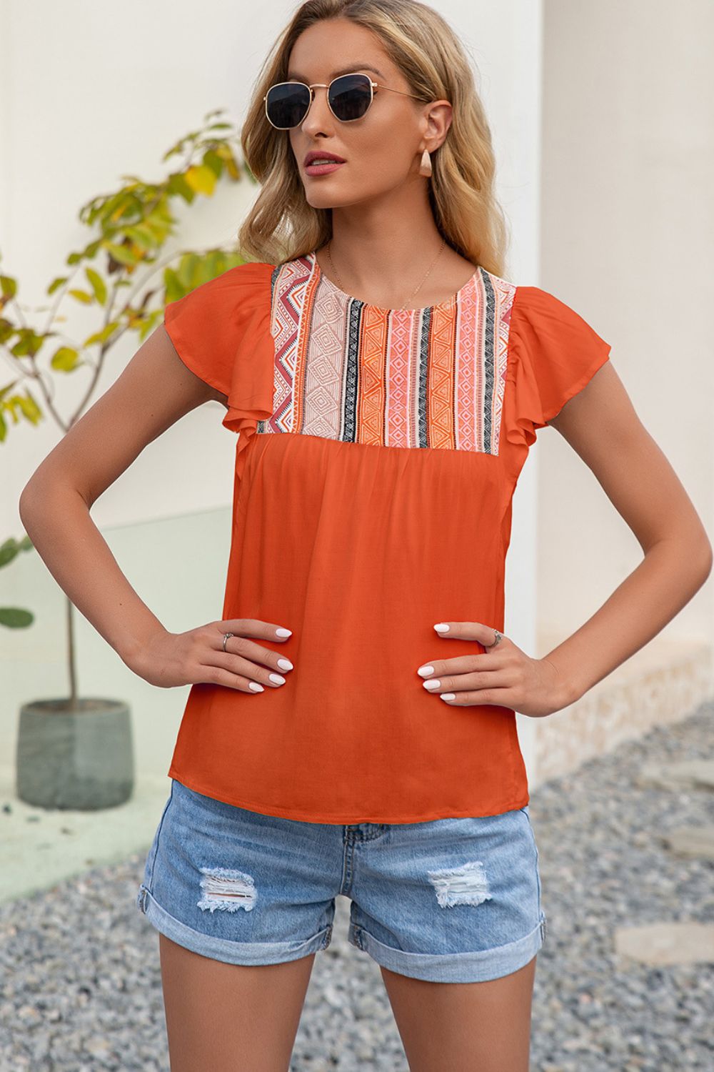 contrast print butterfly sleeve top