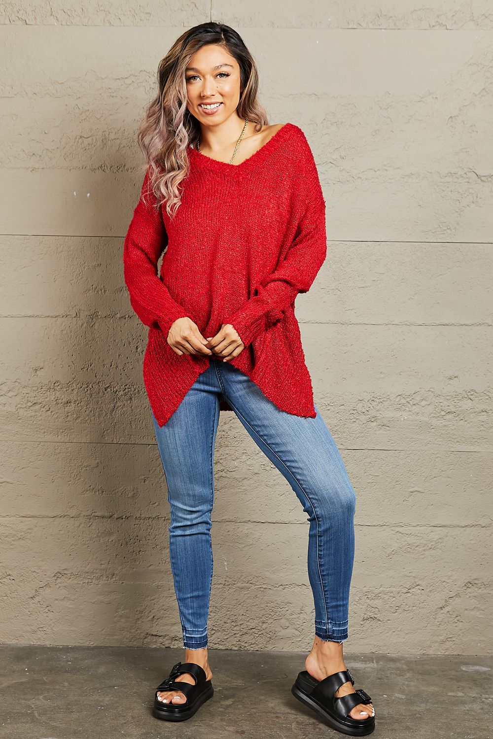 heimish by the fire full size draped detail knit sweater