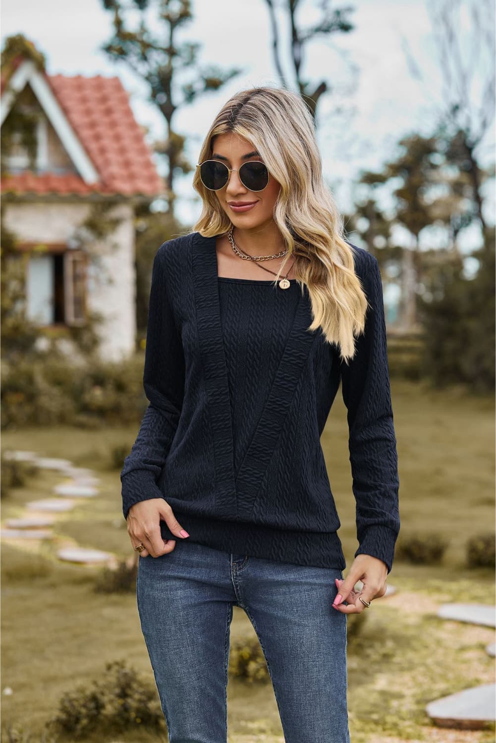 square neck long sleeve blouse