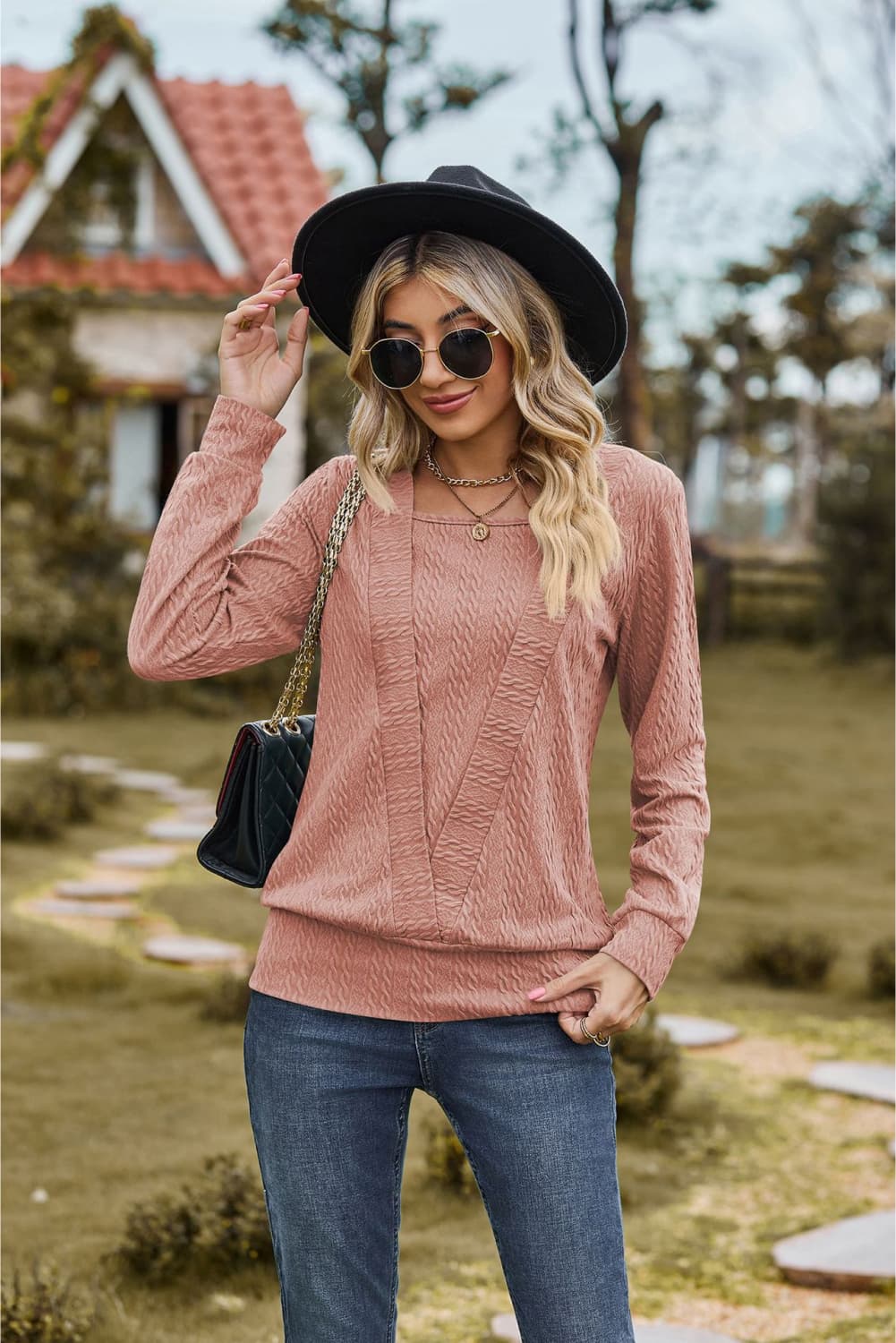 square neck long sleeve blouse